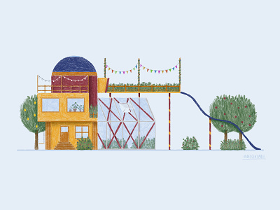 Dream House 🏡 analogue colour coloured pencil colourful digital dream green greenhouse house illustration imagination pencil pencil drawing photoshop trees