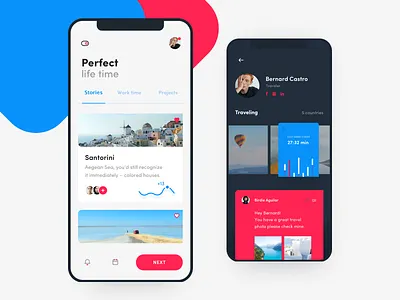 Traveler app concept android android app black blue button contrast design flat graph ios iphone x mobile social statistic switcher top travel ui ux white