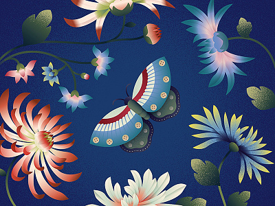 Butterfly 2d anano butterfly ceramics chinese close up flat flora flower illustration orchid texture