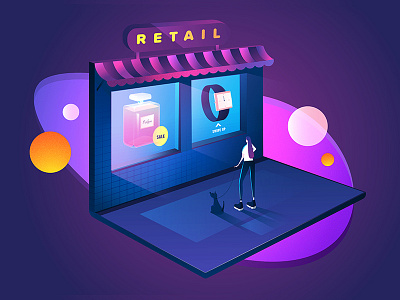 Retail WIndow Shopping dog gradient illustration retail shopping tech vector walker window woman