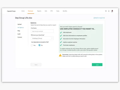 Import page benefits help guide hr hris import ui user interface web forms