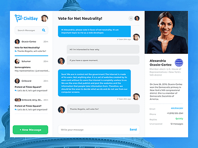 Politician Chat blue bubbles chat democrat discussion green group inbox messages politics seen speech stamp ui design web app web design website