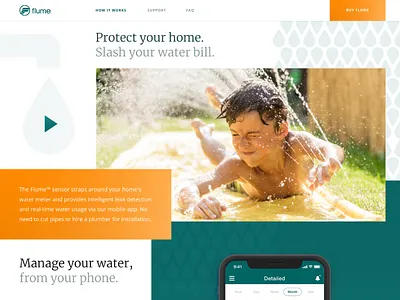 Leak Detection Sensor Promo Website Design for Flume, Inc. bold colors business california clean design fresh geometric interface landing leak detection modern product promo website sensor ui ux unconventional layout vibrant water web zajno