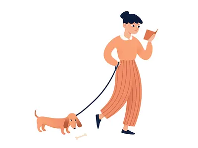 Bad dog! bad dog bone book bookworm character cute dachshund dog dog walker french funny girl guilty illustration puppy reading walking woman