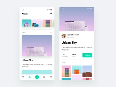 Photo Albums Sharing App album android app browse cards clean followers interface ios likes minimal mobile photography photos profile social ui ui ux