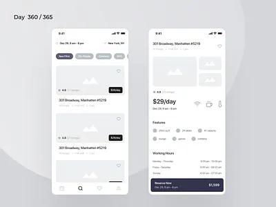Fun Workspaces Finder App | Day 360/365 - Project365 app design app wireframe coworking daily ui design challenge ios minimal mobile app mobile ux mobile wireframe project365 ux wireframe wireframe wednesday workspaces