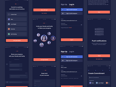Challenge Mobile App app challenge clean commitment contract friends log in mobile app onboarding productivity sign up ui ux weeklyconcept