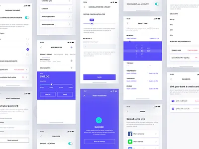 Hair salon app animation booking app buttons calendar credit card dashboard hair salon app illustration input field mobile app payment profile schedule search share slider success