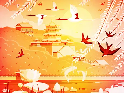 Summer Palace New Year Illustration animal bird brocade carp building design fish flowers forest icon illustration logo lotus mountain pet summer palace swallow the crane trees ui woods