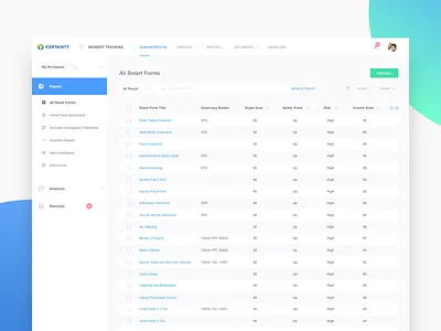 Smart Forms Report administration analysis app column dashboard desktop form inspection list modules records report row search smart table ui workspace
