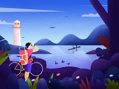 On the journey christmas clean color flower illustration landscape mountain riding travel tree