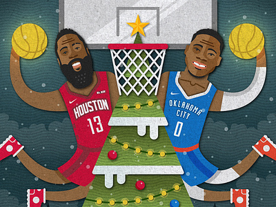 2018 Christmas Day Matchup Illustration basketball christmas houston illustration oklahoma city presents rockets snow thunder