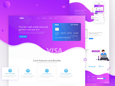 Visa landing Page banking clean credit card credit card payment debit card design finance financial web design template gradient colourful shapes illustration online banking smart card typography ui ux vector visa card master card web design web design agency website