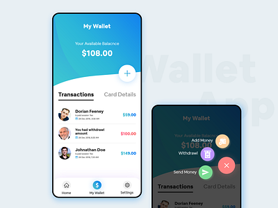 Wallet App concept amount app application application design color fab funds gradient gradients interface design menu money my wallet tabs tranfer ui uidesign ux uxdesign wallet