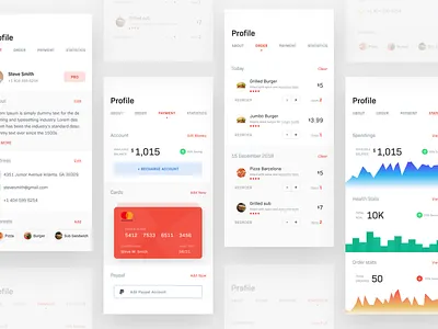 Parachute_food app_profile adobexd analytics app apple application bio cards charts credit card dashboard details food gradient graph mobile order payment profile statistics stats