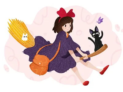 Kiki's adventure animals broom cat color fanart fly illustration kiki magic photoshop studio ghibli witch