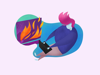 Sittin' By The Fire apple blue clean design fireplace human illustration laptop pink pink floyd procreate texture