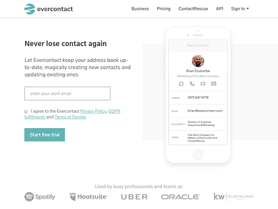 Evercontact home page cta design simple web design website