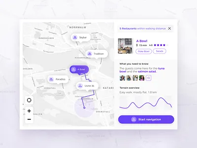 Daily UI 29 — Map 029 blue branding daily ui challenge dailyui design desktop map map ui maps navigation purple restaurants ui ux vector
