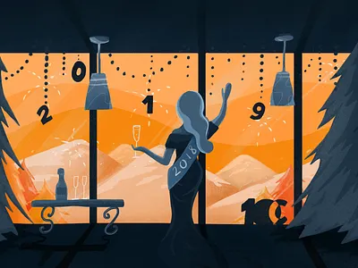 Happy New Year 10clouds 2018 2019 blue dress flat girl hair illustration mountains new year orange party room tree