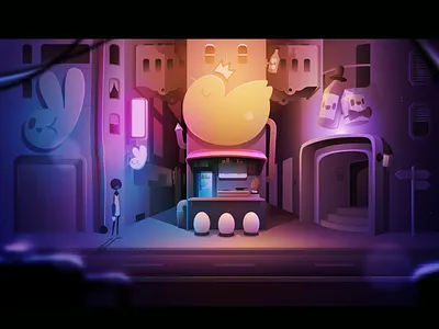 Market plaza character chicken dystopia egg game gradient illustration light market neon colors vector