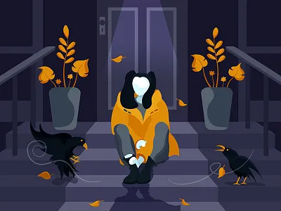 Girl on the stairs alone autumn flat girl illustration leaves loneliness night raven wind