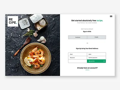 Recipe Sign Up Page food landing landing page minimalist signup signup screen signupform ui web website