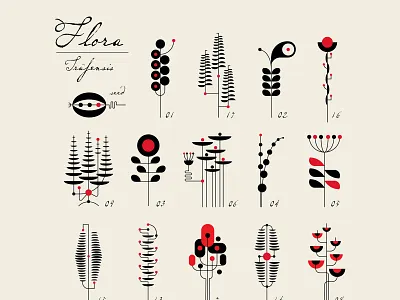FLORA Series: garden black botany branding flowers geometric identity illustration plants red vector