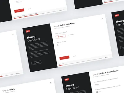 Diet Calculator App - Main Screens Snapshots app button calculator cardio desktop diagnostic diet food form frequency health information macros next program question steps wizard