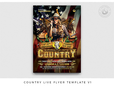 Country Live Flyer Template V1 america band boots bull concert country cowboy cowgirl farwest flag gun independence day labor day live music party rodeo saloon template western