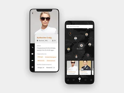 Profile & Map screen in a dark mode app app concept call contact darkmode design ios iphonexs location maps message pin platform profile profile design search tags ui