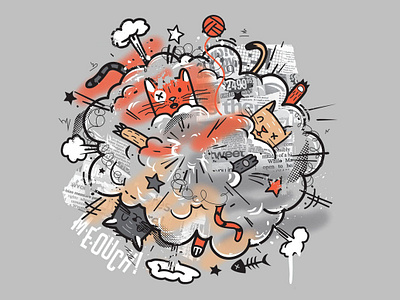 Cat Fight animal art animal illustration cat art cat drawing cat fight cat graphic cat illustration cute graphic design graphic art kitten kitten art kitten illustration kitty meow mixed media