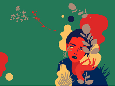 Mysterious young lady abstract art background banner bright color colorful contemporary decorative design digital fashion flower geometric girl illustration modern poster summer surrealism vector