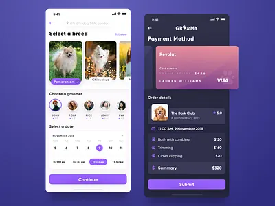 Groomy breed calendar dog groomer list mobile payment pet summary swipe ui user experience user interface ux