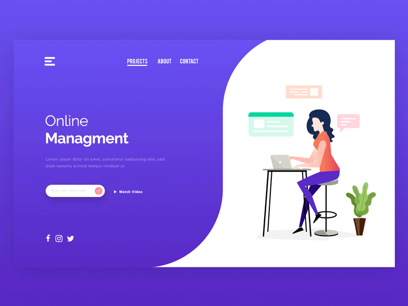 Online Management 2d animation clean colorful cover design dynamic lady landing page modern motion graphics online management purple ui ux user interface website design
