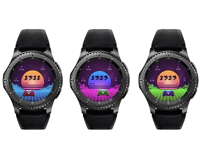 Outrun inspired watch face design neon outrun retro s3 samsung ui videogame watch watchface