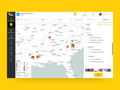 Crisis Cleanup Dribbble admin case claster dashboard disaster filters.sidebar list location map organisation pin platform relief search support table
