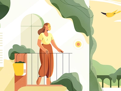 Green Balcony 2d character design explainer illustration