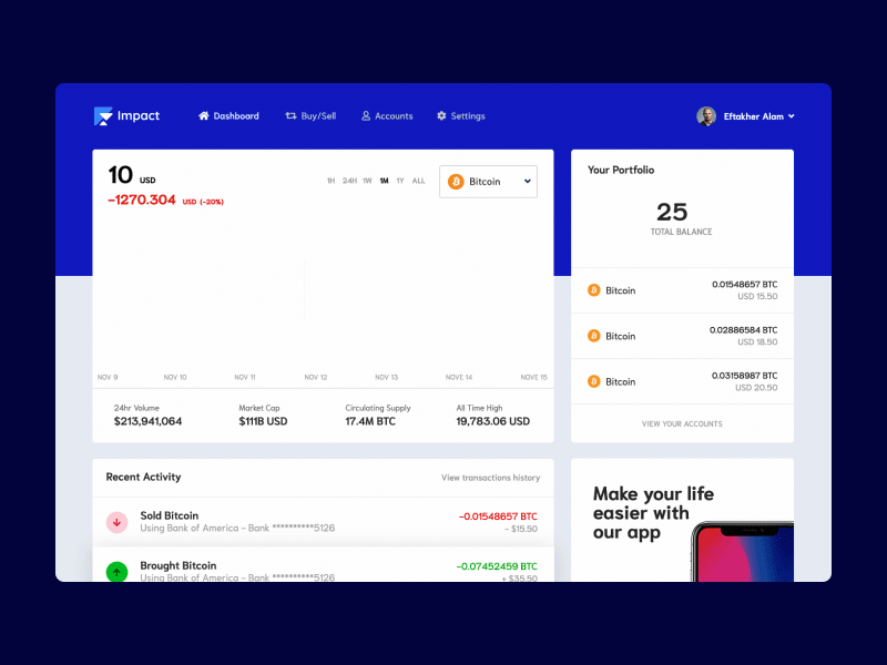 Impact — a crypto platform bank bitcoin btc creative dashboard design dashboard ui ethereum free illustration money ui user experience user interface ux wip