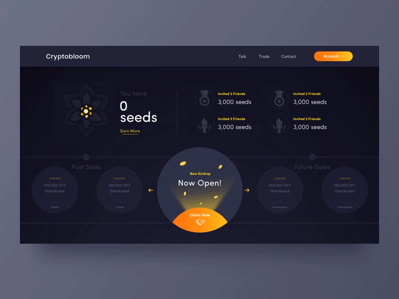 Cryptobloom Dashboard animation cryptocurrency dark dashboard dashboard design design gif illustration medals rewards ui