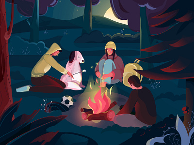 one day in the forest 2d backpack ball dog evening fire food friends illustration lamp love moon nature peace picnic plant relaxtime talk tree weekend