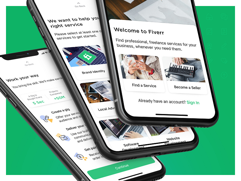 Onboarding app design fiverr flow freelance green icon ios mobile onboarding photo product ui