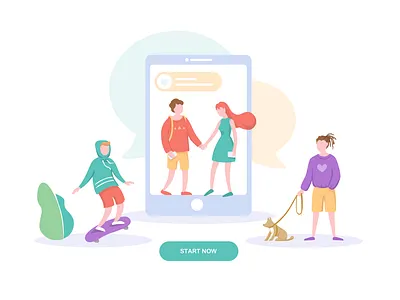 Friend search boy characters chat clothes dog emotion friends girl handshake heart illustration iphone like love people search site ui ux vector