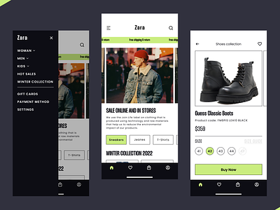 ZARA Mobile App app appdesign appdesigner branding buynow checkout design e commerce homepage logo mobile mobiledesign mobiledesigner sidemenu ui uidesigner uiux uiuxdesign uiuxdesigner ux