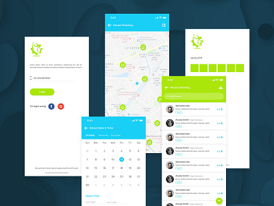 House Cleaning ! booking calendar cleaning cleaning service dark dates details gradients hiring house light login map on demand otp shapes verification white