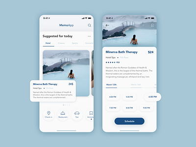 Memoapp blue booking clean hotel hotel app hotel booking iphone iphonex spa travel travel app ui ux ui