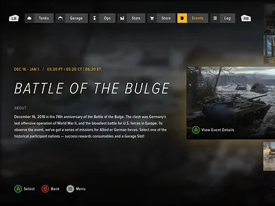 Event Screen Concept - World of Tanks button card concept design game icon interaction interface menu overlay selection team ui ux vector video game xbox