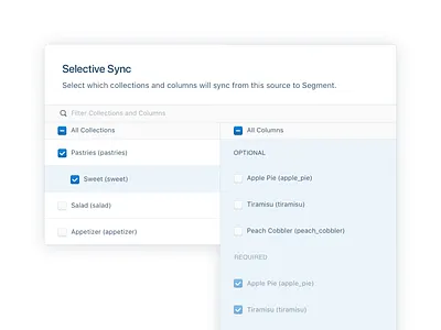 Selective Sync for Cloud Sources b2b checkboxes enterprise saas segment select table ui ux