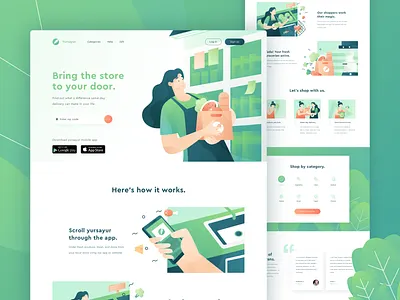Yursayur - Food and Grocery Delivery Landing Page character illustration delivery service food green grocery header hero illustration illustration landing page ui uidesign uiux web website