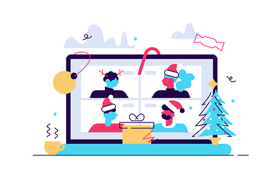 happy holidays. online celebration concept avatar business people character chat christmas conference cup design flat gift happy holidays illustration messanger new year people tree vector video xmas zoom